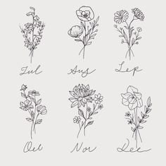 six different flowers with the word love written in cursive writing