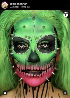 Colourful Skull Makeup, Green Skull Makeup, Neon Skull Makeup, Makeup With Green, Pink Face Paint, Tiger Makeup, Dragon Makeup