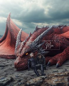 two people standing next to a large red dragon on the beach with dark clouds in the background