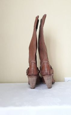 "Vtg cognac brown leather knee slouchy boots. Size EU 40. Italian autumn boho boots. Women`s cowgirl european footwear with stacked heels. Made in Italy. condition: great a little used vintage condition. On the toes are some scratches. Heels height 8 cm / 3.1\" in Outsole length- 29,4 cm / 11.5\" in boots height 43 cm / 16.8\" in boots top circumference 40 cm / 15.6\" in SIZE: EU 40 (labeled size) US 8.5" Brown Wide Calf Knee-high Boots, Bohemian Knee-high Leather Boots, Vintage Brown Knee-high Boots For Fall, Vintage Brown Knee-high Boots For Winter, Vintage Wide Calf Knee-high Boots For Fall, Wide Calf Vintage Mid-calf Boots, Casual Brown Knee-length Boots, Brown Wide Calf Mid-calf Boots With Almond Toe, Bohemian Leather Knee-high Boots