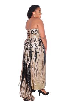 Evening dress is made from a blend of black and gold pattern. Off shoulder dress designed with bra cups. Be it any type of wedding, this choice of wedding dress is absolutely suitable, and with minimum accessories, it fits perfectly to the need of time. It is imperative to know that it immensely adds to the femininity. Modest and fun, The dress has just the right length for anyone in the habit of wearing royal long dresses. Glamorous Gold Strapless Dress With Sweetheart Neckline, Gold Strapless Dress With Sweetheart Neckline For Party, Glamorous Gold Gown With Sweetheart Neckline, Glamorous Gold Strapless Wedding Dress, Glamorous Gold Evening Dress With Sweetheart Neckline, Gold Strapless Evening Gown, Gold Strapless Dress With Sequins, Strapless Gold Evening Gown, Elegant Sequined Strapless Dress For Gala