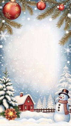 a christmas card with a snowman in the foreground