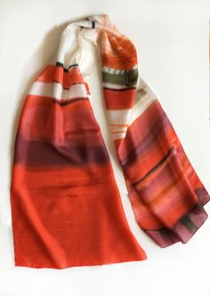 "Silk Scarf- Carmine Stripes/ Hand painted silk scarf, Abstract scarf painted, Red maroon long scarf, Silk Painting, Handmade scarf gift her, Christmas gift for her. Birthday gift for mom/ Art to wear/ ►measurements- 17\"x71\" ☺Striped Scarf is painted on pure silk pongee 8, luxuries silk fabric. ►SHIP NEXT DAY See my luxury scarves and shawls here: https://www.etsy.com/shop/klaradar?ref=l2-shopheader-name§ion_id=18979710 Felted scarves: https://www.etsy.com/shop/klaradar?ref=l2-shopheader-name& Artistic Hand Painted Red Silk Scarf, Abstract Scarf, Handmade Scarf, Striped Scarf, Luxury Scarves, Hand Painted Silk Scarf, Silk Art, Mom Art, Scarf Silk