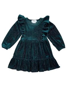 Elevate her special occasions with our Dark Green Velvet Ruffle Girls Special Occasion Dress. This exquisite dress is crafted from luxurious dark green velvet that exudes elegance and charm. The ruffled detailing adds a touch of sophistication and playfulness to the outfit. With its classic design, this dress is perfect for making cherished memories at weddings, parties, and more. Spoil your little cutie with some sparkles and be sure to checkout our other special occasion dresses. INCLUDES: Dre Velvet Green Dress, Ohio Girls, Dark Green Velvet, Girls Special Occasion Dresses, Winter Baby Clothes, Girls Holiday Dresses, Girl's Back, Special Occasion Dress, School Dresses