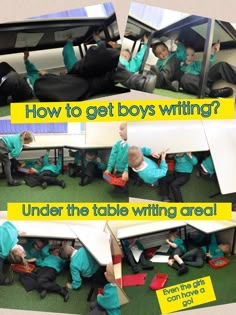 several pictures of boys sitting on the floor in front of a computer screen with text that reads, how to get boys writing? under the table witting area