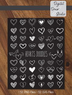 hearts doodles on a blackboard with white lettering and wooden floors in the background