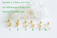 About GoldThe most popular alloy of gold is 14K gold, which is 58.5% pure gold and 41.5% other metals like silver and copper. price is for one piece (1qty), Not A Pairyou will receive a single piece Material : 14K Solid GoldSize : 1. Pyramid : 3.6x3.6mm          2. Spike: 4.1mm          3.Moon : 6x5mm          4.Clover : 3.7x3.8mm          5.Star    : 4.2x4.2mm          6.Cross : 6x8 mm color : 14K Gold Pin Size Length : 6mm ball end Pin Thickness : 0.75mm (20g)backing ball size :3mm Gold Hypoallergenic Dangle Cartilage Earrings, Hypoallergenic Gold Body Jewelry For Gift, Gold Metal Cartilage Earrings As A Gift, Dainty Gold Hypoallergenic Cartilage Earrings, Dainty Hypoallergenic Gold Cartilage Earrings, Gold Hypoallergenic Dangle Piercings, Gold Dangle Piercings In Metal, Gold Dangle Metal Piercings, Gold Metal Dangle Piercings