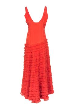 Prepare to make a show-stopping entrance when you strut your stuff in this dreamy dress from Anthropologie. Ruffled tiers of tulle in a bold, orange hue create a gorgeous, voluminous skirt. The sleek, satin bodice and playful high-low design make a sizzling style statement, perfect for turning heads at your next event. Pair with neutral strappy heels. Size XL Shell 1 100% Viscose Shell 2 100% Polyamide Lining 100% Cotton Concealed side zipper Maxi length High-low hem Bust 39" Waist 44" Shoulder to hem (front) 36" Shoulder to hem (back) 58" Voluminous Skirt, Buy Shoes Online, Dreamy Dress, Style Statement, High Low Hem, Touch Up, Strappy Heels, Sweater Weather, Xl Dress