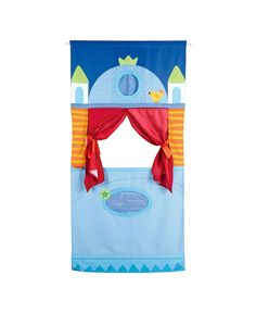 a blue and red play tent with a crown on top