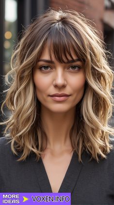 Mid Length Hair With Layers Wavy, Mid Length Hair With Bangs, Wavy Mid Length Hair, Wavy Or Curly Hair, Bangs Styles, Bangs And Layers, Swoop Bangs, Short Wavy Haircuts, Fall Blonde Hair