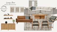 a living room design board with furniture and decor in neutral colors, including couches, chairs