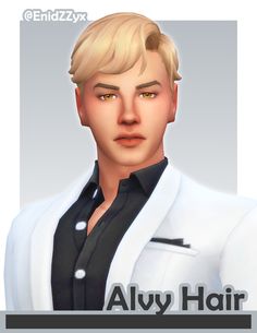 an animated image of a man in a white suit and black shirt with the words alvy hair on it