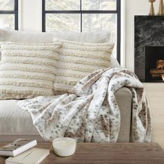 a living room with a couch, coffee table and fire place covered in a blanket