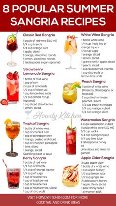 the 8 popular summer sangria recipes are shown in red and white, with text overlay