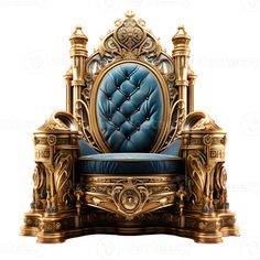 an ornate gold and blue chair