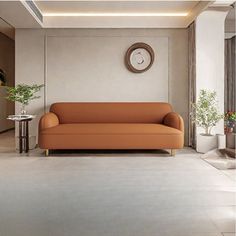 an orange couch sitting in the middle of a living room next to a tall clock