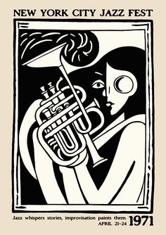 an advertisement for the new york city jazz festival, featuring a woman playing a trumpet