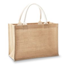 a jute bag with white handles on a white background