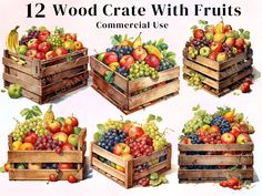 four wooden crates filled with different types of fruit