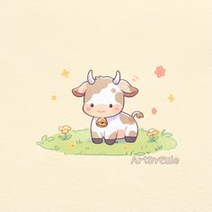 a little cow sitting on top of a grass covered field with flowers in the background