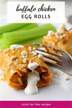 buffalo chicken egg rolls on a plate with a fork and celery in the background