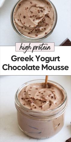 chocolate mousse in a mason jar with the text high protein greek yogurt chocolate mousse