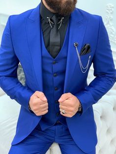 This Royal blue suit is for Wedding, Party, Proms, and Many Occasions. *This is a 3 piece set of a jacket,  and  waistcoat a trouser. We make the suit according to our Standard size chart, If you are not sure about your size/measurement, please give your body measurement in inches, so we make perfect suit for you. Jacket Measurement:- 1 Jacket Length 2 Chest (Circumference) 3 Stomach (Circumference) 4 Hip(Circumference) 5 Shoulder to Shoulder 6 Sleeve Length Pant Measurement:- 1 Waist 2 Hip 3 Knee 4 Out seam (Pant Length) Buy this amazing suit for free delivery worldwide. We are experienced manufacturer and have a professional team. All of our suits are handmade and have premium branded stuff used all over the suits. Usually delivered all item within 8 to 10 Business Days. For any question Prom Suits For Men Blue, 3 Piece Suit Wedding, Men Suits Blue, Blue Three Piece Suit, Blue Slim Fit Suit, Peak Lapel Suit, Suit For Men Wedding, Beach Wedding Suits, Terno Slim