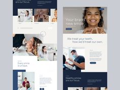 the landing page for dental clinic website is shown in three different colors and styles, including blue