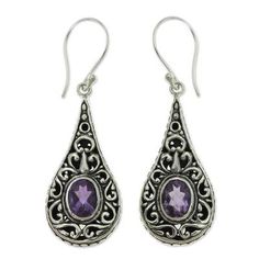 Amethyst is scintillating in sterling silver earrings from Komang Wijayana. Expertly crafted by hand with 2.5 gemstone carats the earrings are brimming with the graceful elegance of Balinese artistry. .925 Sterling silver Ornate Sterling Silver Teardrop Earrings For Gift, Ornate Sterling Silver Teardrop Earrings As Gift, Fine Jewelry With Filigree Dangle, Fine Jewelry Dangle Earrings With Filigree, Traditional Nickel-free Sterling Silver Teardrop Earrings, Spiritual Sterling Silver Earrings For Anniversary, Purple Sterling Silver Filigree Jewelry, Ornate Purple Drop Earrings, Ornate Purple Dangle Earrings