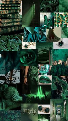 a collage of green and black images