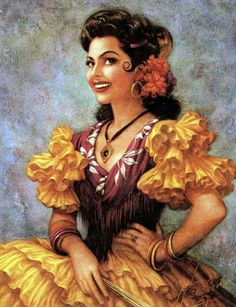 a painting of a woman in yellow dress