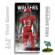 a football player is standing in front of a poster