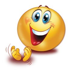 an emoticive yellow smiley face with blue eyes and one hand up in the air