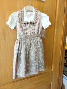 Very Beautiful Krueger Girl Dirndls in different colors and designs in size 92 or 2 T 3 pc set . German Print Dress Designs, Cute Fitted Beige Set, Mini Dirndl Dress, Leave Pattern, Lace Apron, Checkered Skirt, Flower Patterns, Different Colors, Summer Dresses