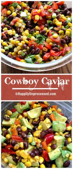 two pictures showing different types of food in the same bowl, one with black beans and avocado