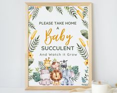 a baby announcement with an elephant, giraffe and lion surrounded by greenery