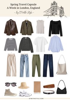 London Classic Style, Capsule Wardrobe For 10 Day Trip, Trip To England Outfits, English Capsule Wardrobe, Capsule Wardrobe London Spring, Travel Outfit Spring European, London Uk Outfits Summer, 1 Week Capsule Wardrobe, Italy Spring Capsule Wardrobe