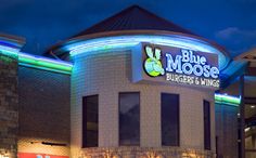 blue moose burgers and wings is lit up at night