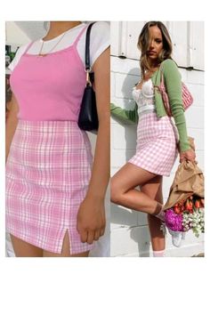 Pink Houndstooth Skirt Outfit, Pink Gingham Skirt Outfit, Pink Gingham Skirt, Pink Plaid Skirt Outfit, Cute Y2k Outfits, Pink Skirt Outfits, Pink Plaid Skirt, Plaid Skirt Outfit, Rok Mini