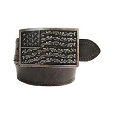 a leather belt with an american flag buckle