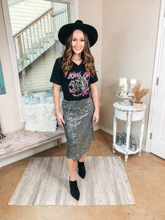 This adorable skirt is beating all of our expectations this season! It includes an elastic waist, midi length, and a fully sequined body. Pair this with a blouse or graphic tee and you'll be set! Skirt is fully lined. Lily is wearing a size small. Size Suggestions: Small: 4-6 Medium: 8-10 Large: 12-14 Fabric Content: 100% Polyester Care Instructions: Hand wash, cold. Do not bleach. Hang to dry. SKU: #212813 Sequin Skirt Outfit Casual, Plus Size Sequin Skirt, Sequin Skirt Outfit, Sequin Skirt Long, Skirt Outfit Casual, Tee Shirt Outfit, Concert Wear, Sequin Pencil Skirt, Sequin Midi Skirt