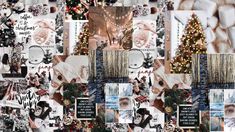 a collage of photos with christmas trees and snowflakes on them, surrounded by holiday decorations