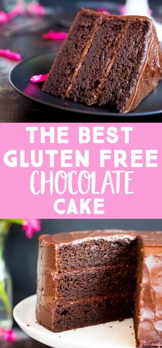 the best gluten free chocolate cake is cut in half and ready to be eaten