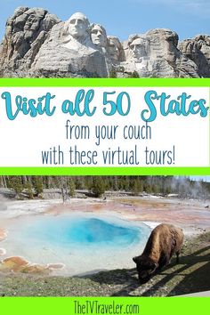 a bison grazes in front of the blue and green water at mount rush with text overlay reading visit all 50 states from your couch with these virtual tours