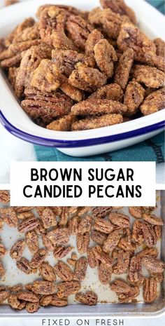 brown sugar candied pecans in a white bowl