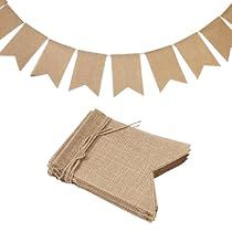 a bunting banner with burlap flags and napkins on it, set against a white background