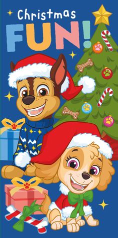 a christmas card with two dogs in front of a tree and presents on the ground