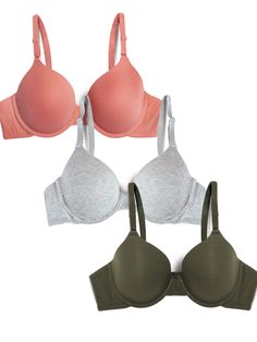 PRICES MAY VARY. 3 pack Underwire T-shirt Bra Lightly lined cups Rear hook-and-eye Adjustable straps Victoria Secret Pink Pajamas, Bra Pattern, Lounge Lingerie, Full Coverage Bra, Everyday Bra, Clothes Crafts, Olive Color, T Shirt Bra, Gray Green