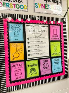 a bulletin board with different colors and writing on the wall in front of it that says, stay at school