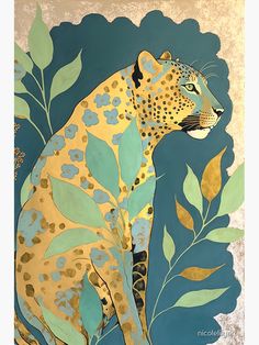 a painting of a leopard sitting on top of a leafy plant with blue and gold leaves